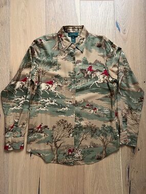 Vintage Lauren Ralph Lauren Equestrian Fox Hunt Button-Up Shirt Olive/Tan Small